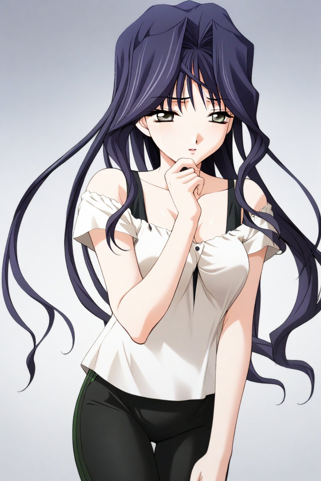 1girl,Amamiya Mizuho,whitemizuho,white off shoulder top,black shoulder strap,frills,green striped leggings,masterpiece,best quality,solo,very aesthetic,absurdres,game cg,(detailed beautiful eyes:1.2),(beautiful face:1.2),simple background,white background,cowboy shot,standing,<lora:AmamiyaMizuhoXL:1>,