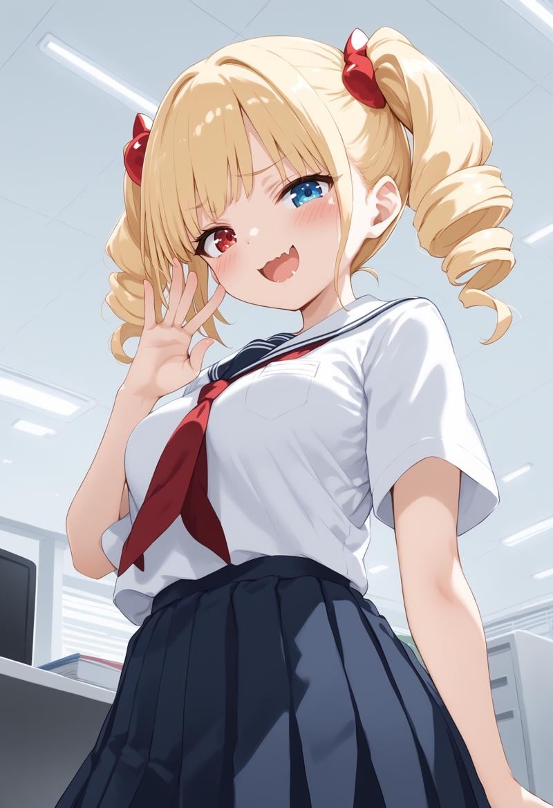 1girl, medium breasts, school uniform,mesugaki, smile, looking at viewer, blush, hand up, skin fang, <lora:mesugaki_Pony_v1:0.9>from below, cowboy shot, looking to the side, blonde hair, heterochromia,wavy mouth, sales office, open mouth, twin drills hair,,