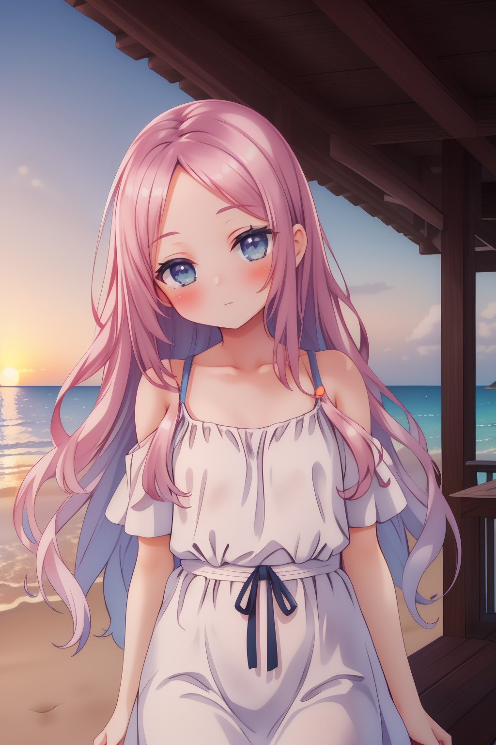 cinematic photo, best quality, masterpiece, highres,  a pinup of a girl, in beach, sunset, looking at viewer, blush, from above, (close-up:1.2),  1girl, szn, short petite, long hair, parted bangs, forehead, flat chest, casual dress, white dress, <lora:suzune_v1.3:0.7>,   ,35mm photograph, film, bokeh, professional, 4k, highly detailed,