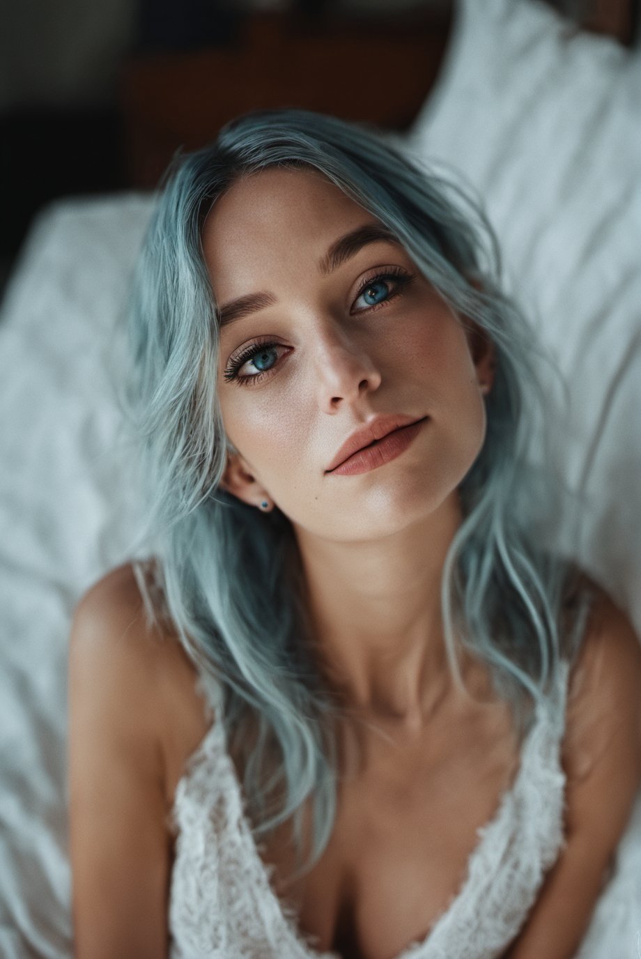 CindyR, half body shoot,Woman, toes, cute, upset, blush, barefoot, view_from_above, blue hair, lying in bed. <lora:cindy-000004:1>