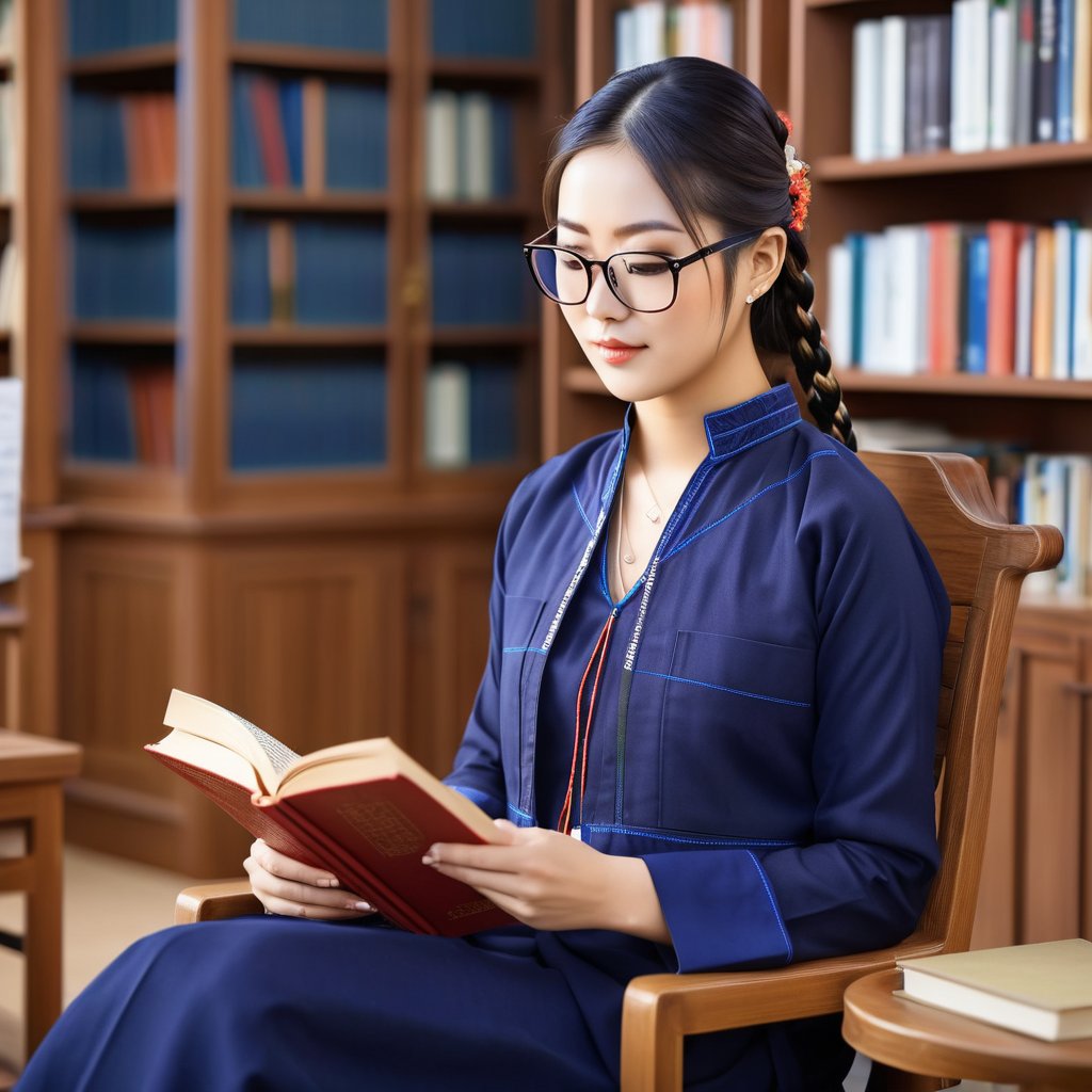 A beautiful Japanese woman with long braids and glasses reading a book sitting on a chair in a library, rokiah dress, navy blue paoh traditional dress, 8k resolution, best quality, beautiful photograph, sunlight on her face <lora: rokiah_dress:0.85>