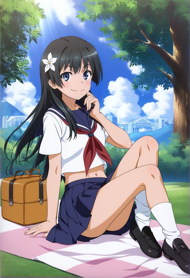 score_9, score_8_up, score_7_up, BREAK source_anime, toaru_as, 1girl, sakugawa school uniform, saten ruiko, solo, school uniform, black hair, skirt, long hair, summer uniform, serafuku, sitting, picnic, tree, day, clouds, navel, smile, full body, red neckerchief, blue skirt, pleated skirt, neckerchief, hair ornament, white socks, blue eyes, looking at viewer, socks, shoes, white shirt, sailor collar, blue sailor collar, black footwear, midriff, shirt, hair flower, short sleeves, loafers, flower, <lora:Toaru_ASV4XL-EP10:1>