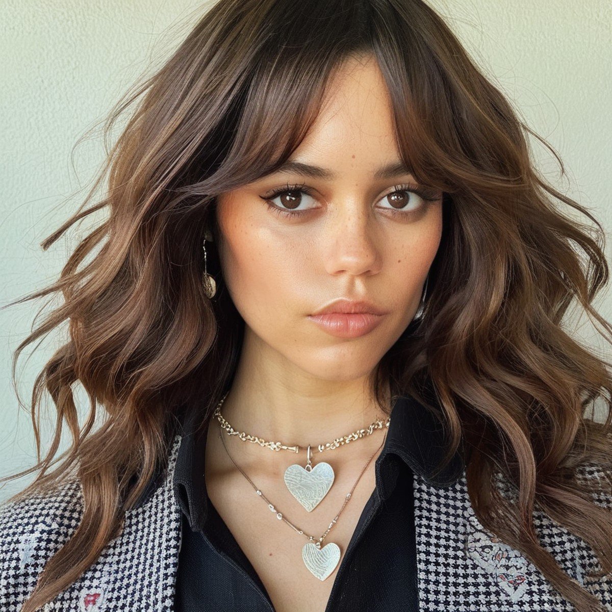 Looking straight at the camera, Film grain, skin texture, Instagram closeup selfie of a woman with beautiful wavy hair wearing a heart necklace,f/1.8,wearing a tutleneck shirt,  jenxortega,  <lora:jenortega_juggerX_xl_1_st_wocap_merger_43prev_24_39_05_03_02-jenxortega:1.1>