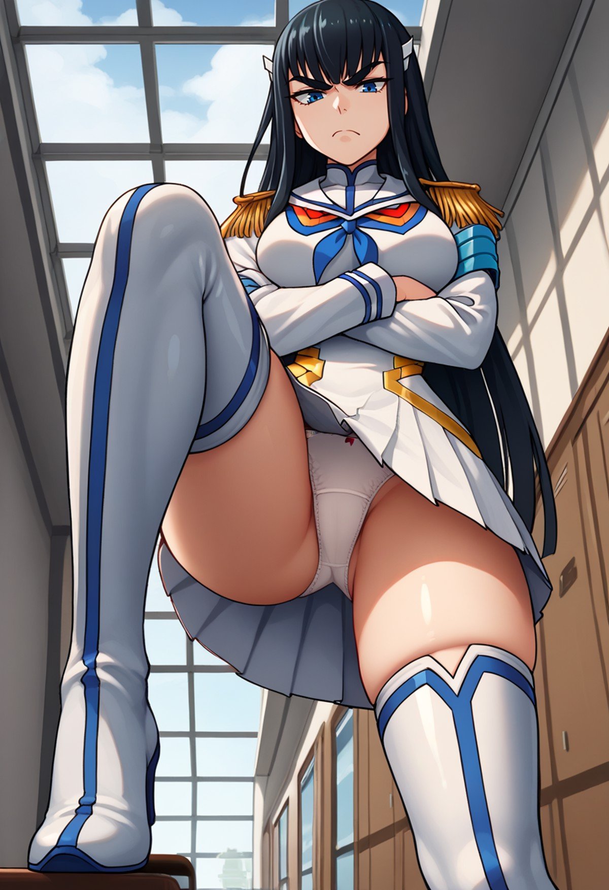 score_9, score_8_up, score_7_up, source_anime BREAK 1girl,  looking at viewer, cowboy shot,<lora:KiryuuinSatsukiDwnsty:0.8>, satsuki_def, epaulettes, neckerchief, blue eyes, black hair, sailor collar, white skirt, long sleeves, white footwear, thigh boots, large breasts, skindentation, narrowed eyes, crossed arms, light frown, straight-on,  from below, leg up, leg support,  pantyshot, white panties,indoors, hallway, window, day, cloudy sky, school, 