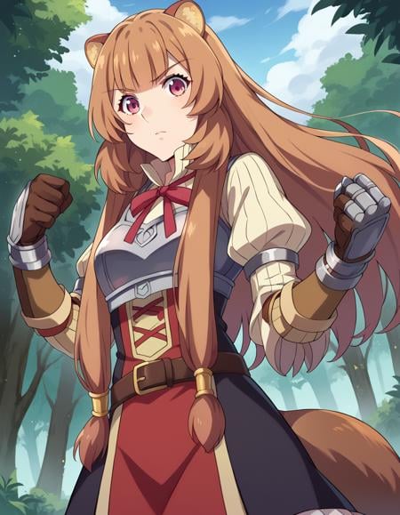 score_9, score_8_up, score_7_up, source_anime,raphtalia, <lora:raphtalia-ponyxl-lora-nochekaiser:1>,raphtalia, long hair, bangs, brown hair, animal ears, raccoon ears, raccoon tail, raccoon girl, pink eyes,long sleeves, sweater, ribbed sweater, puffy sleeves, breastplate, ribbon, red ribbon, gauntlets, glove, brown gloves, belt, skirt, armor,outdoors, forest, nature,looking at viewer, cowboy shot, dutch angle, dynamic pose,