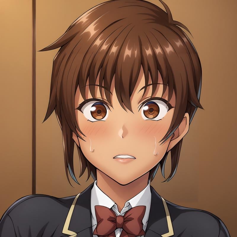 <lora:NagisaFujimaXLpony001>,blush,sweat,parted lips,solo,NagisaFujima,1girl,brown hair,short hair,brown eyes,tan,school_uniform,black blazer,red bowtie,upper body,