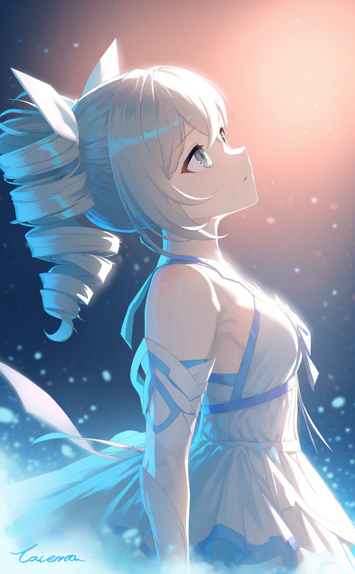 (masterpiece),(best quality),illustration,ultra detailed,hdr,Depth of field,(colorful),Artist caisena,1girl,solo,long hair,dress,white dress,grey hair,bronya zaychik,drill hair,detached sleeves,signature,looking up,bare shoulders,from side,grey eyes,