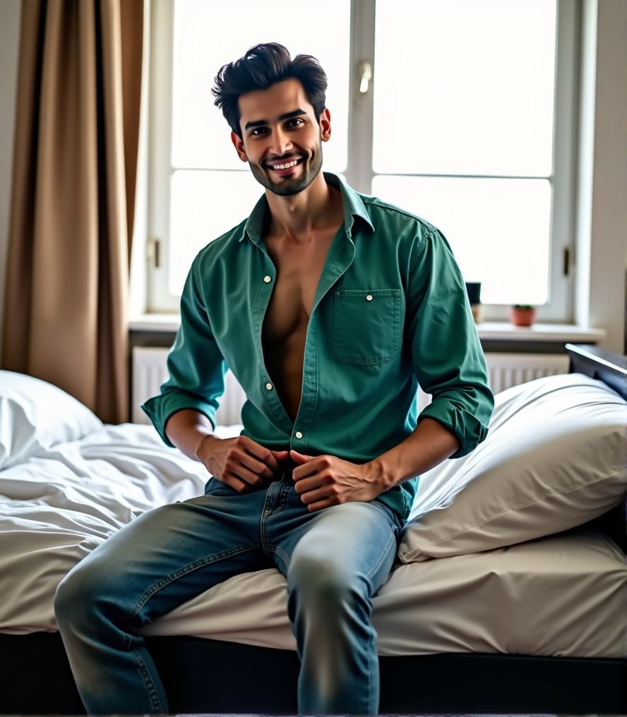 Rohit Khandelwal ,  He is unbuttoning his pink shirt,  sitting on the edge of a black Ikea bed with white sheets by Hottie...