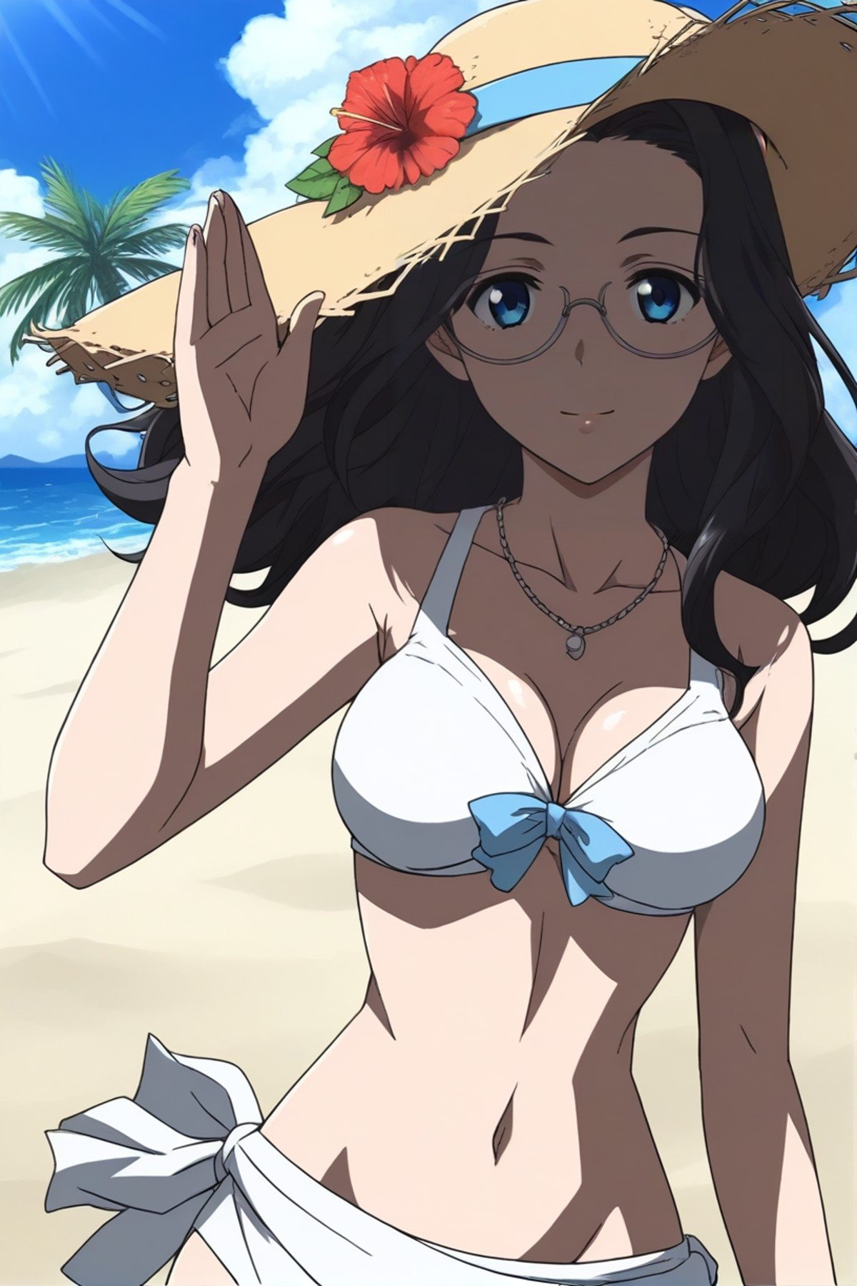 best quality,masterpiece,looking at viewer,absurdres,1girl,score_9,score_8_up,score_7_up,source_anime BREAK (coconut tree:0.9),over the sea,wind,beach,sand,sunlight,blue sky,say,(white bikini:1.1),straw_hat,waving,silver necklace,,<lora:019-天上天下-葛葉真鱼XLV1:0.8>,kuzunoha mana,black hair,glasses,long hair,blue eyes,breasts,