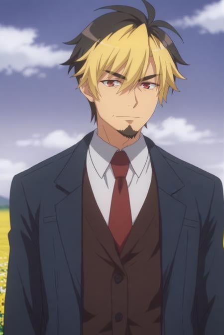 score_9, score_8_up, score_7_up, source_anime, looking at viewer, cowboy shot, solo, 1boy, <lora:HDxDHeroPdxlDwnsty-000005:1>,Azazel, blonde hair, multicolored hair, two-tone hair, black hair, facial hair, necktie, red eyes, formal, suit, hair between eyes, goatee, bangs, red necktie, thick eyebrows, shirt, collared shirt, jacket,outdoors, flower field, sun, sunlight, cloudy sky, 