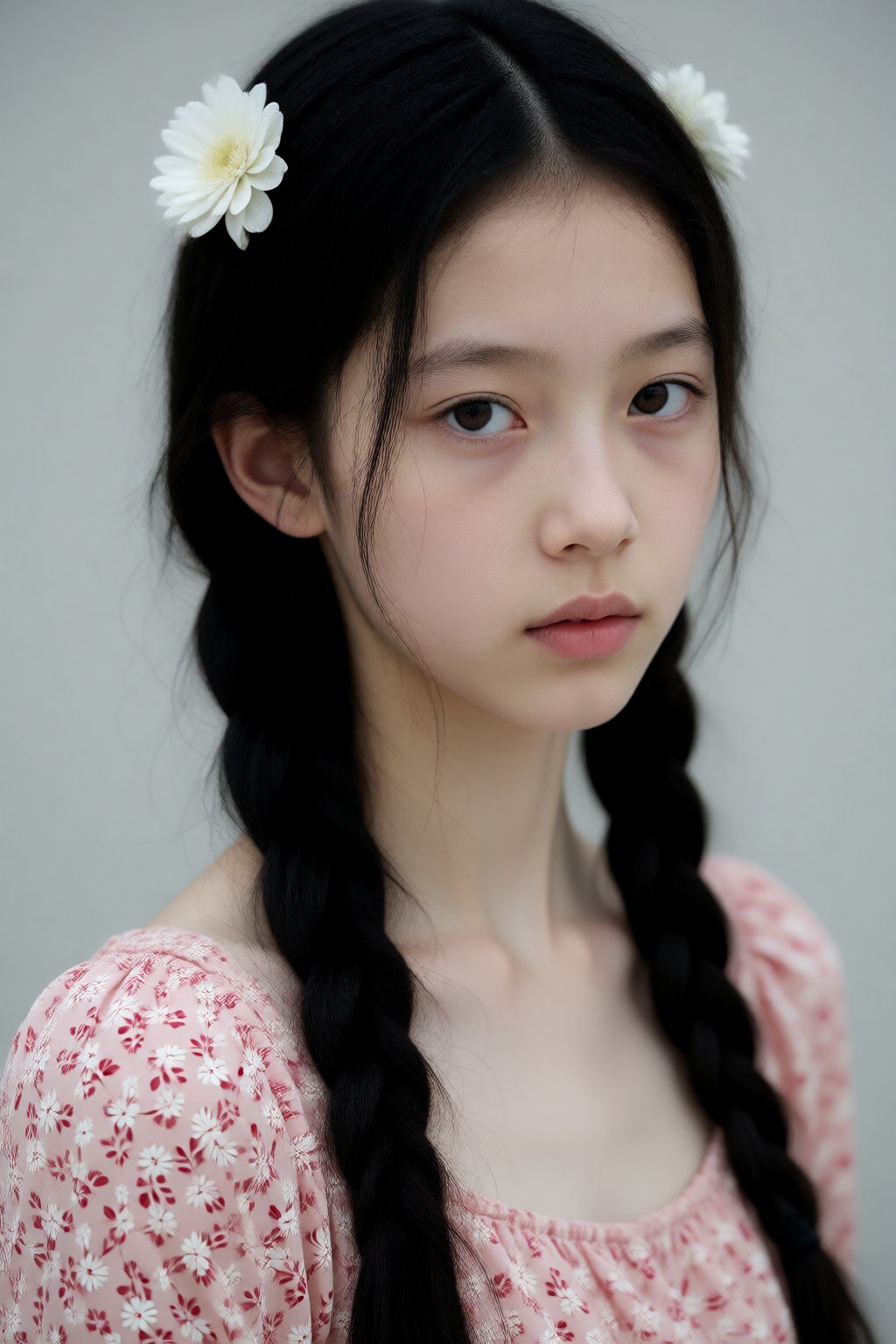 一位皮肤白皙、留着黑色长辫子、头上戴着白色花朵的年轻亚洲女性,  身穿粉色碎花连衣裙。 by 天TIN on Tensor.Art