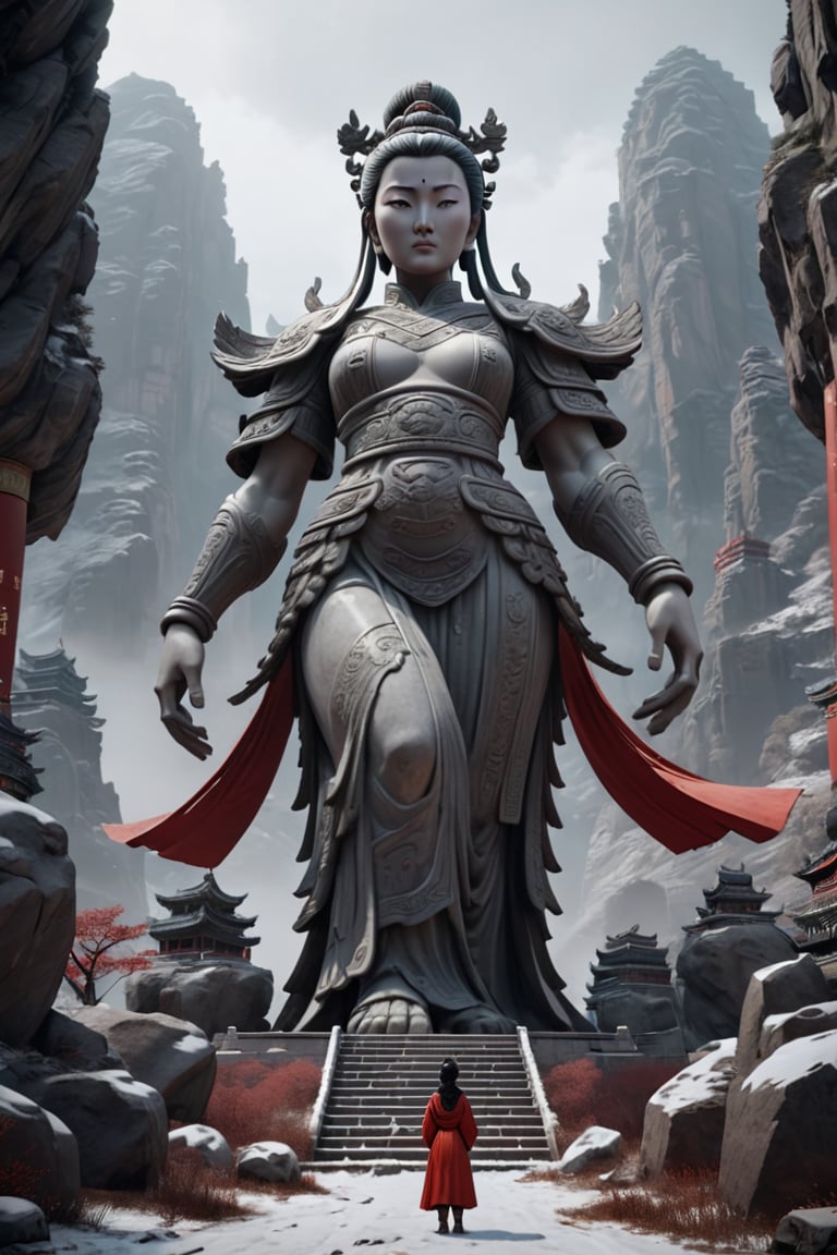 a large statue with a woman looking at it, in the style of unreal engine 5, northern china's terrain, movie still, red and gray, high speed sync, traditional essence, piles/stacks