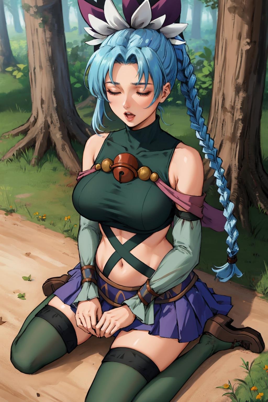 masterpiece, best quality,  <lora:mishera-nvwls-v1-000009:1> mishera, closed eyes, braid, hair ornament, hair ribbon, crop top, purple skirt, detached sleeves, green thighhighs, large breasts, wariza, sitting on ground, from above, open mouth, forest