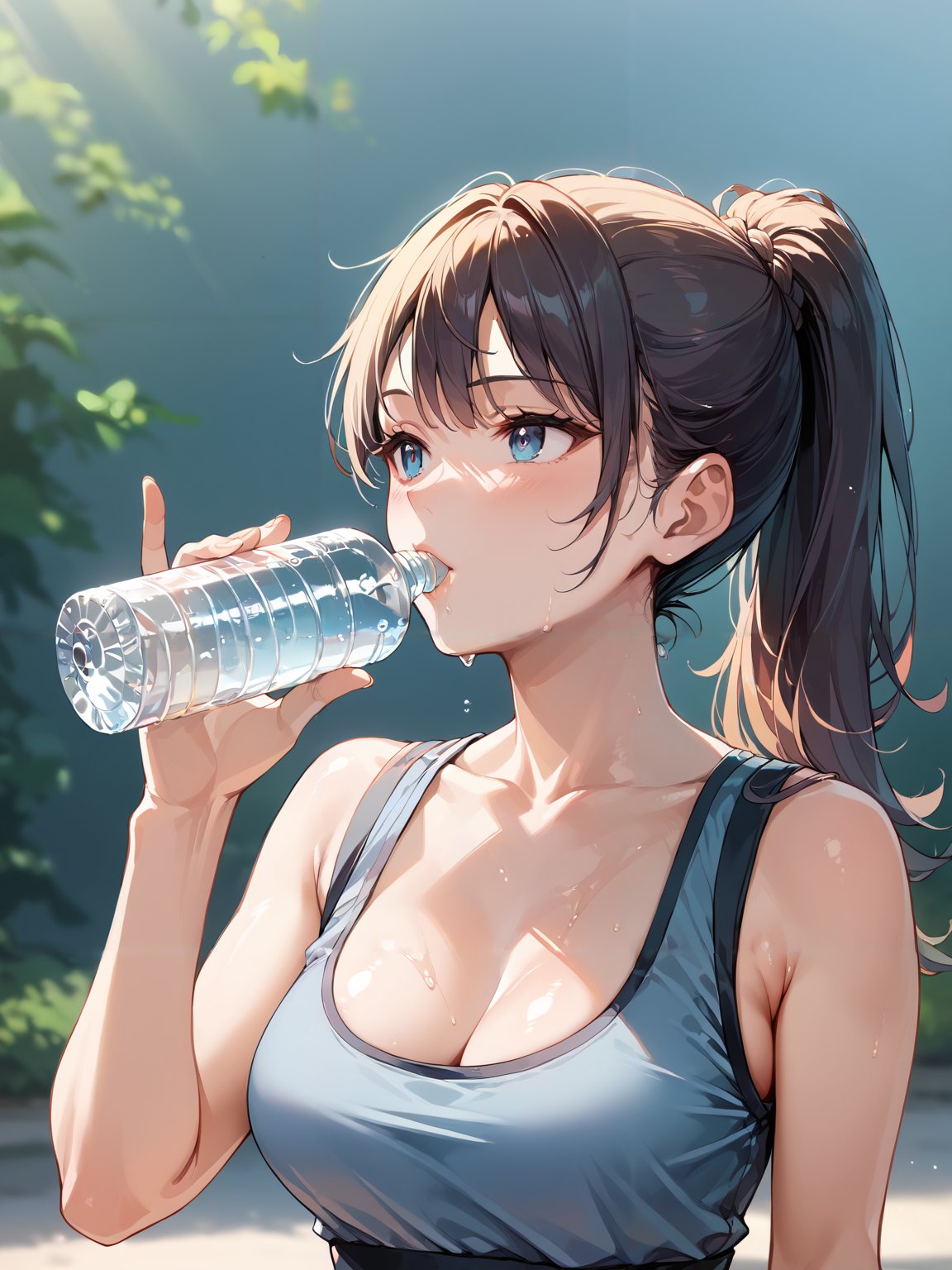 score_9, score_8_up, score_7_up,source_anime, high res image,masterpiece,best quality,woman,middle breasts,cute face,clear skin,shiny hair,ultra detailed eyes,simple background,  <lora:drinking_pony_V1.0:1> drinking, holding bottle,water bottle <lora:sweat_pony_V1.0:1> sweat,ponytail