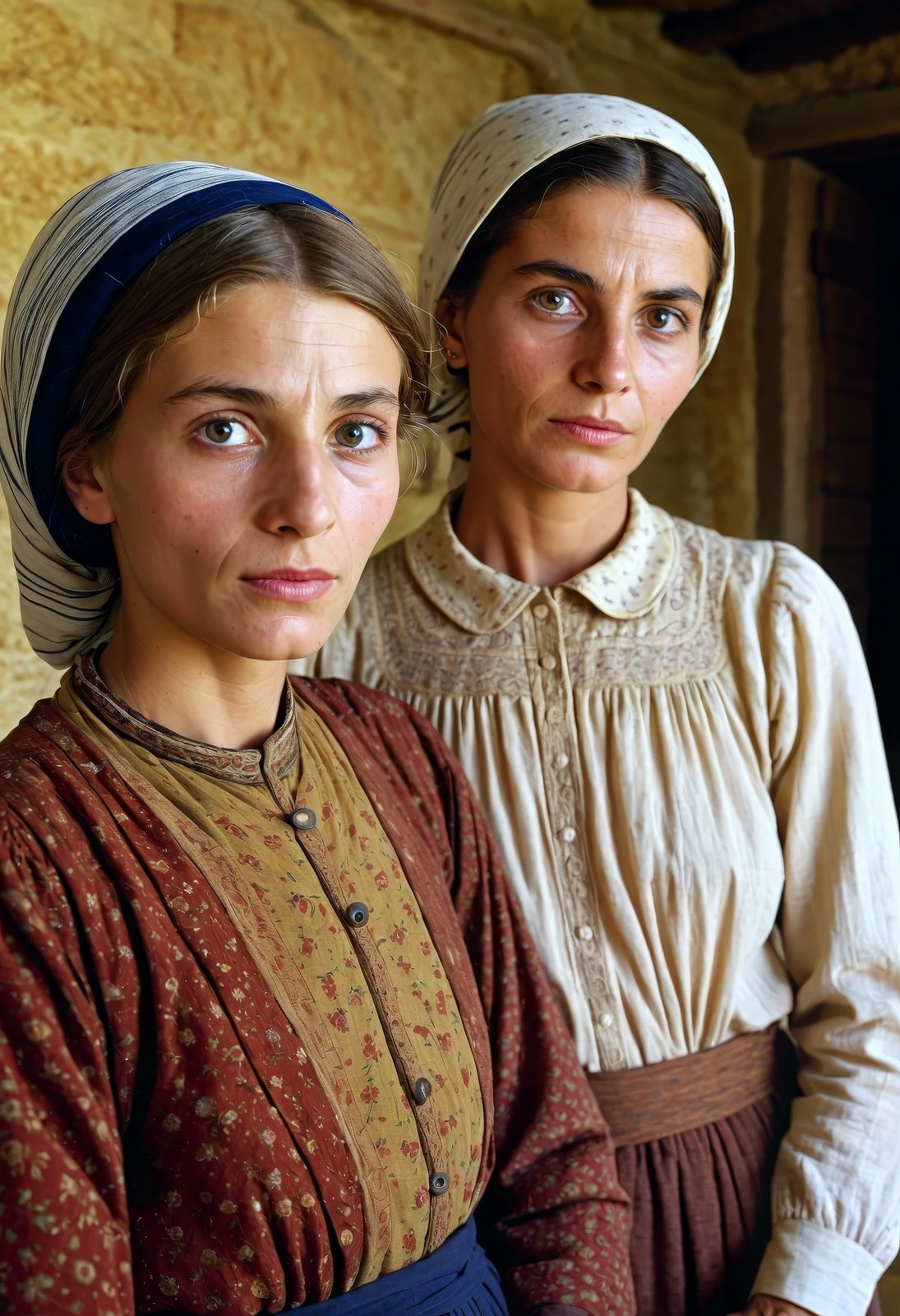 (raw photo), (peasant) older woman and young woman, lined up, (detailed facial features, detailed eyes), (blouse, long sleeves:1.2), headscarf, (village house interior), short haircut, (village:1.2), by Grant Wood