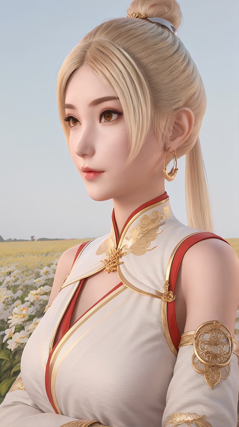 xne,1girl,solo,jewelry,hoop earrings,chinese clothes,blonde hair,mole under eye,mole,long hair,makeup,closed mouth,realistic,split sleeves and shoulders,clothing cutting,tanono,flower field,sky,cleavage,