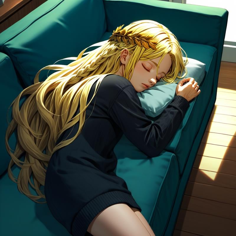 score_9,score_8_up,score_7_up,perfect anatomy,source_anime,zPDXL2,<lora:miqeulla:1>,miquella,1boy,solo focus,solo,blonde hair,crown braid,multiple braids,hair flowing over,laurel crown,long blonde eyelashes, oversized clothes, black sweater, from above, sleeping on couch, couch, indoors, apartment, wooden floor, sprawled, closed eyes, sleeping, sleep bubble, 