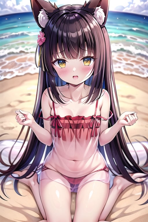 Nagato, brown_hair, petite, loli, see-through, beach,fox_ears, strap_slip<lora:EMS-179-EMS:0.300000>, <lora:EMS-402817-EMS:0.800000>