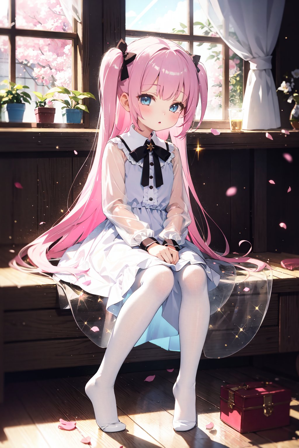 masterpiece,best quality,(ray tracing,cinematic lighting),sunlight,indoors, potted plant, colorful petals, colorful flowers,1girl, solo, (petite, loli :1.4),full body,half-closed eyes,(no shoe:1.2),(pastel (medium):1.35),sparkle,1girl,[(pink hair:1.5)::5],(blue eyes|sparkle),(white pantyhose:1.2|see-through),(absurdly long hair:1.4),(one side up:1.3),(white+pink dress:1.25|lolita),long sleeves, (side-tie panties:0.3),sitting backwards,(light smile:0.4), (:D:0.345),momo blossoms,