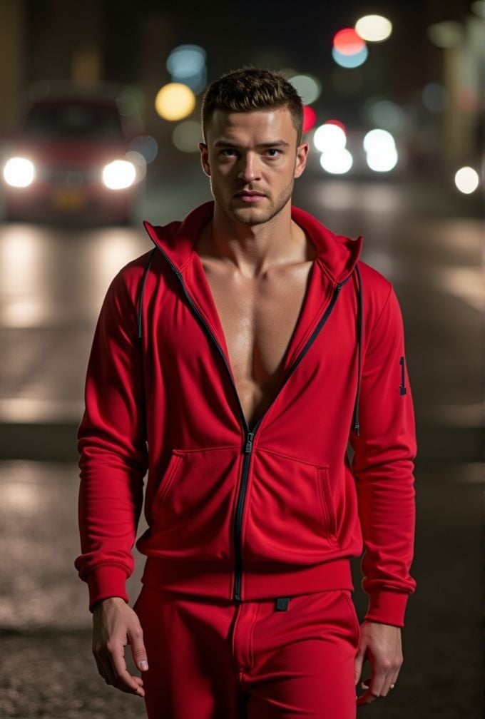 Justin Timberlake ,  realistic photo in a worn ((skin-revealing skimpy erotic red tracksuit,  massive pecs)) by HottiesnHo...