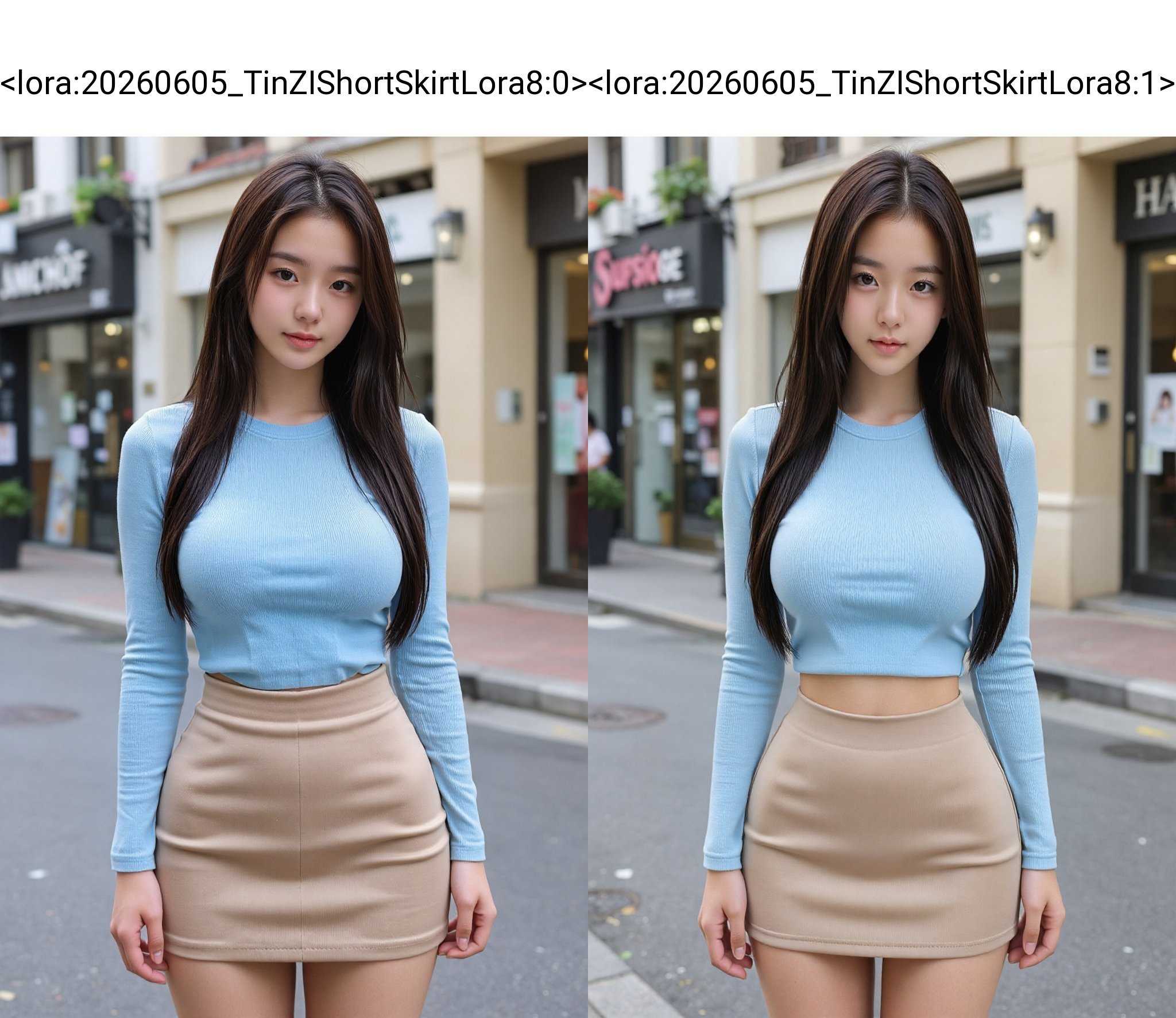 ultra mini short skirt,  A photograph of a young Asian woman with fair skin and long,  straight dark brown hair. She has a...