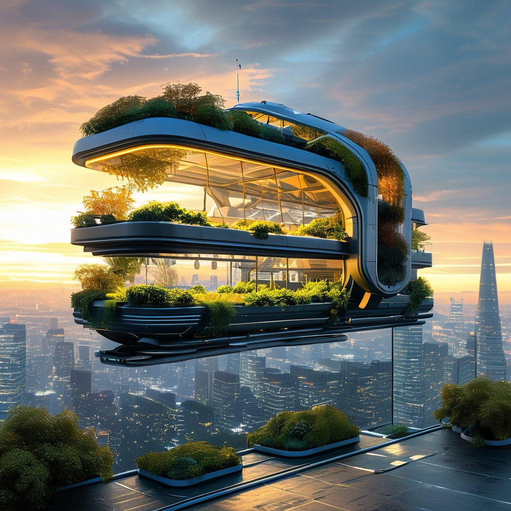 The image showcases a futuristic architectural design of a multi-level building. The building appears to be suspended or floating above the ground, with its lower levels showcasing greenery and plants. The upper levels have large glass windows, allowing for a panoramic view of the cityscape below. The building is illuminated with a warm, orange glow, contrasting with the cooler tones of the surrounding environment. The skyline in the background features tall skyscrapers, and the sun is setting, casting a golden hue over the scene<lora:Dream Home-000008:1>