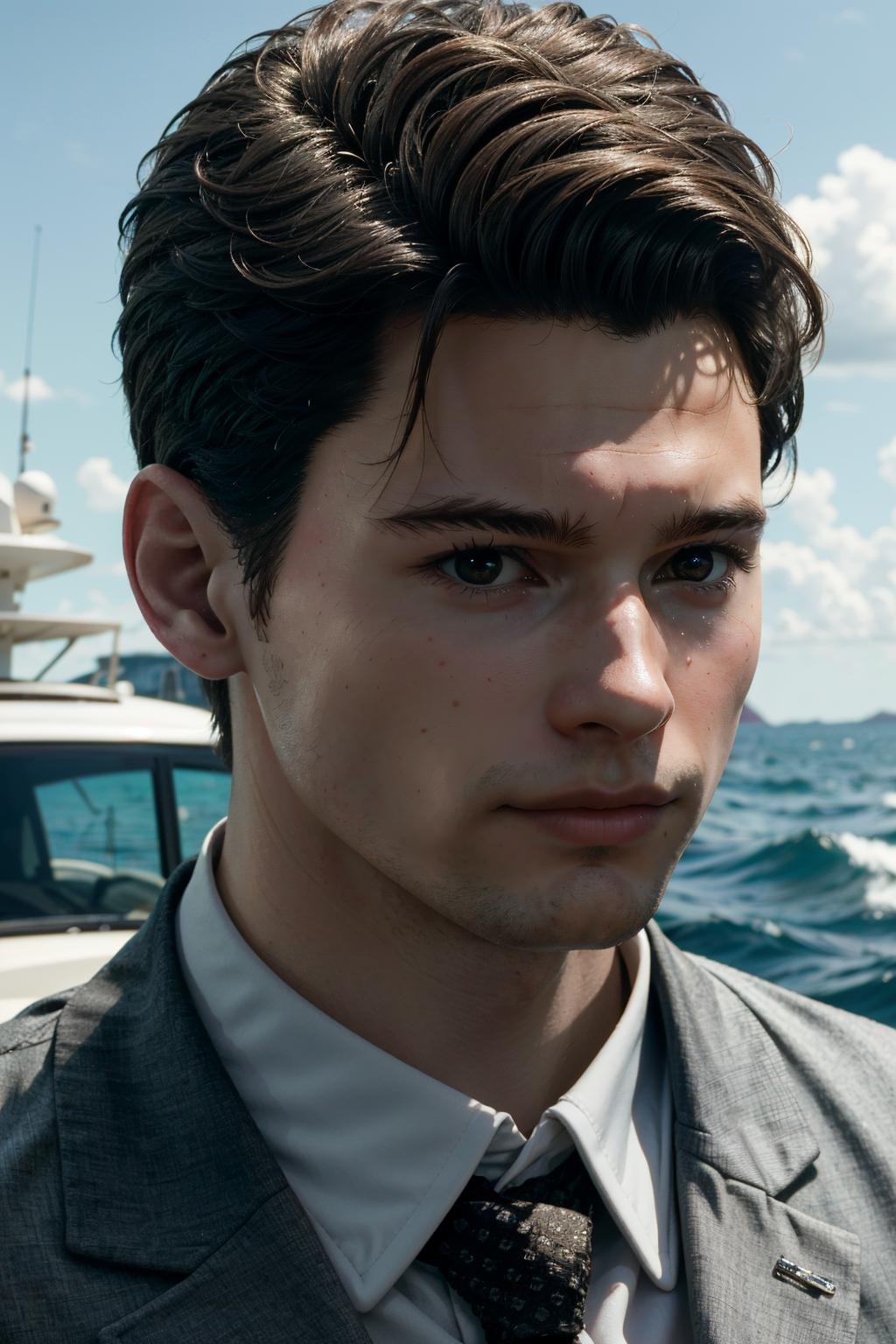 ((ultra detailed, masterpiece, absurdres)) <lora:DBHConnor:0.8>DBHConnor, 1boy, short hair, brown hair, on a luxury yacht, ocean and sky as backdrop