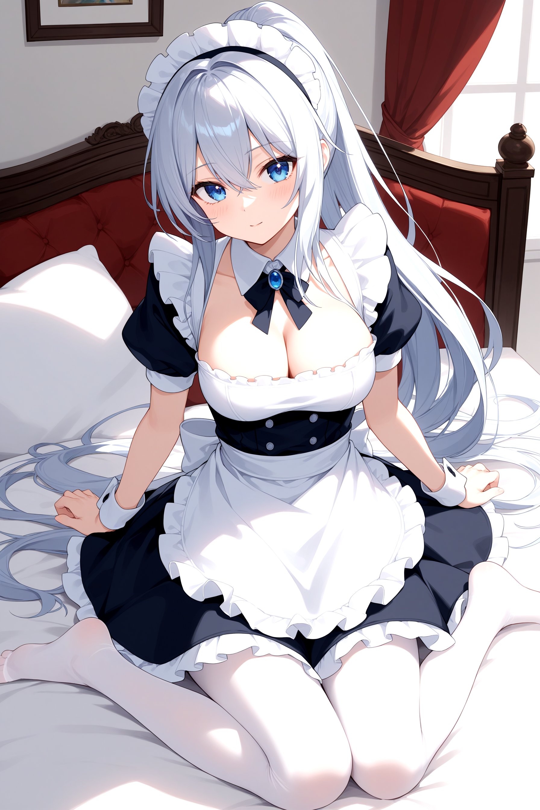 1girl, apron, bangs, blue eyes, blush, breasts, cleavage, dress, eyebrows visible through hair, feet, frills, hair between eyes, long hair, looking at viewer, maid, maid apron, maid headdress, no shoes, pantyhose, pillow, ponytail, puffy short sleeves, short sleeves, silver hair, sitting, soles, solo, toes, very long hair, white apron, white legwear, wrist cuffs, score_9_up, score_8_up, masterpiece, best quality