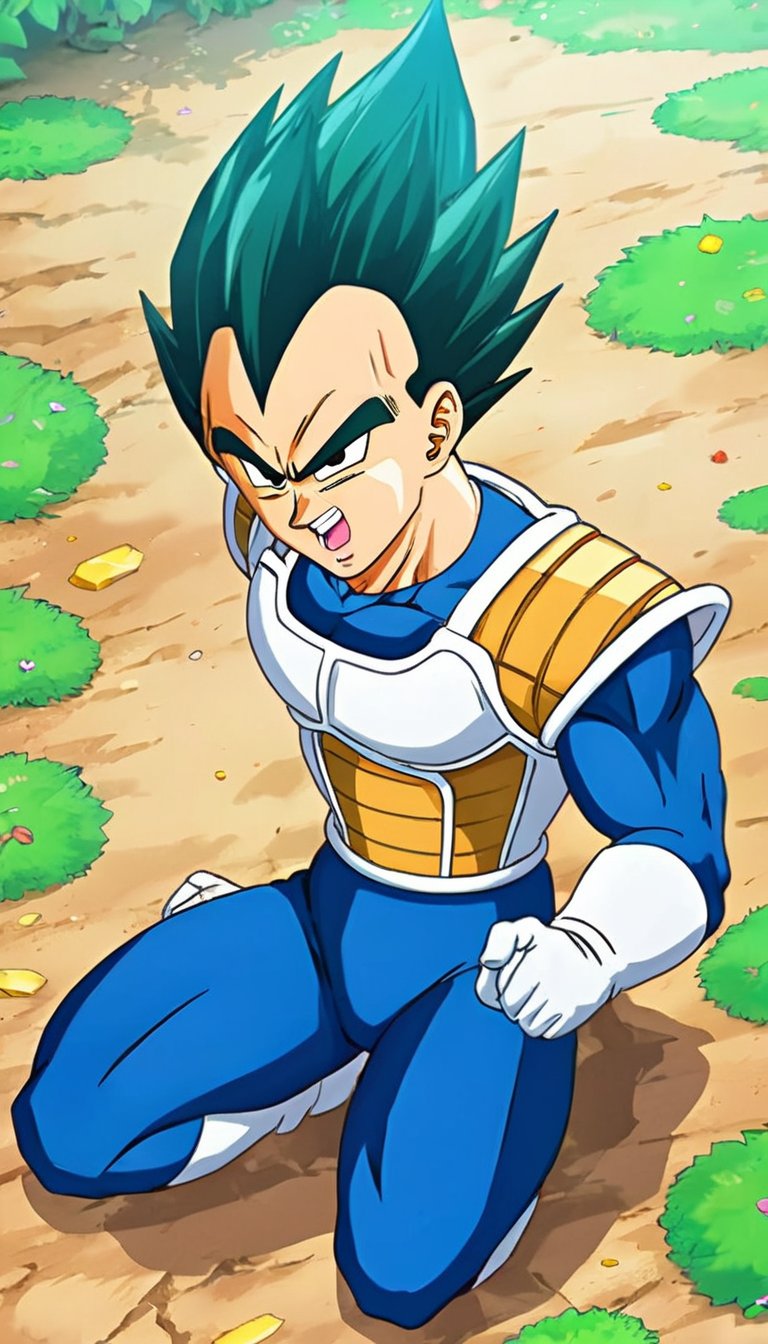 anime artwork  <lora:VegetaXL:.7>vegeta lying on the ground . anime style, key visual, vibrant, studio anime,  highly detailed