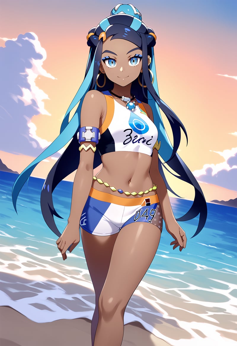 score_9, score_8_up, score_7_up, BREAK,1girl, nessa, black hair, blue hair, long hair, multicolored hair, blue eyes, blue hair,dark skin, single hair bun,armlet, belly chain, bikini, crop top, shorts, single glove, hoop earrings, necklace, midriff, navel,looking at viewer, smile, solo, ocean, beach, dutch angle, beach background   <lora:NessaXL:1>