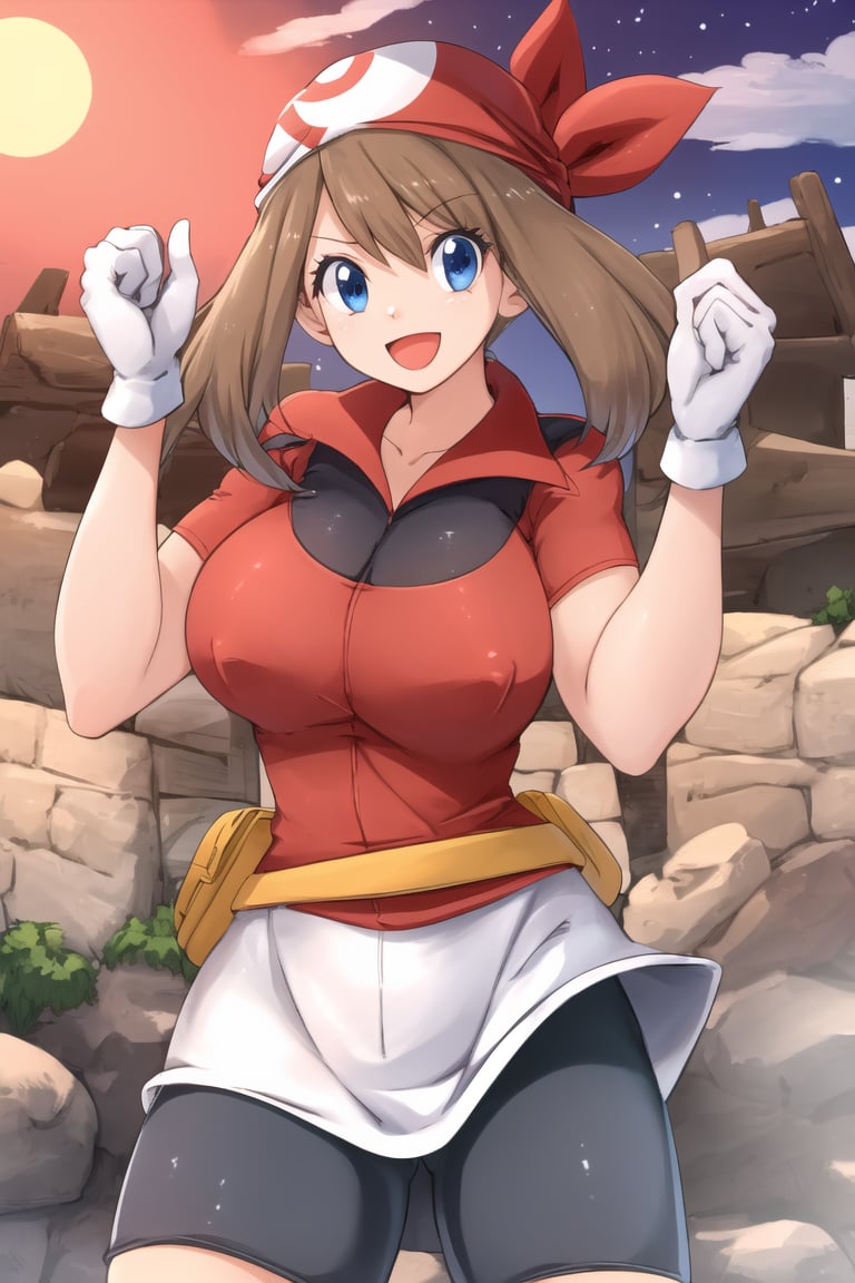 <lora:hataraki-ari:0.8>masterpiece, high quality, 1girl, medium breasts, \:d, happy, hands up, ass focus, cowboy shot, evening, zoo, <lora:may-RS>may-rs, brown hair, blue eyes, bandana, collared shirt, two-tone gloves, fanny pack, bike shorts