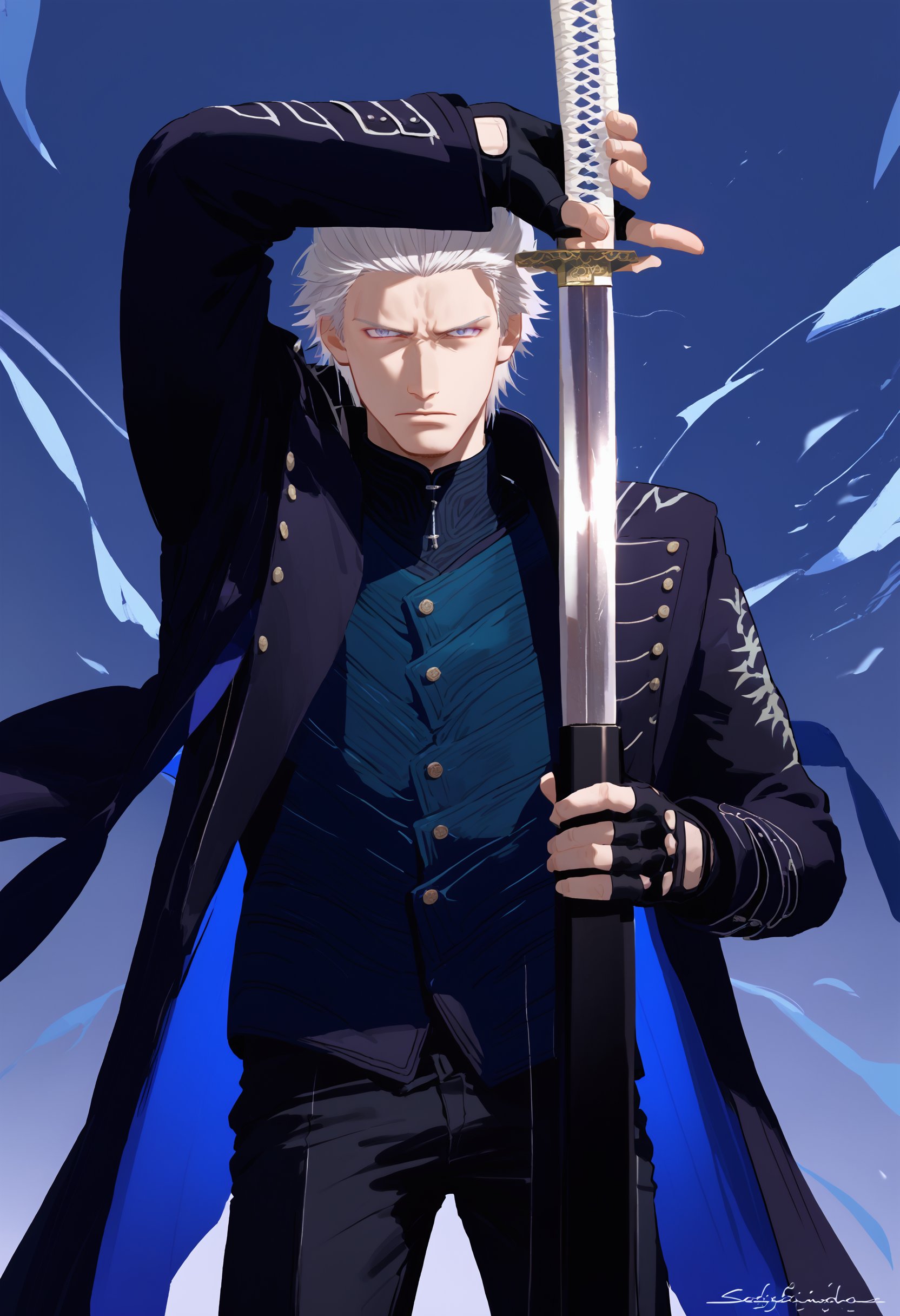 score_9, score_8_up, score_7_up, arm up unsheathing sword, 1boy, sheathed sword, crossed arms, dmc5vergil solo male focus, simple background, black coat, fingerless gloves, pants, looking at viewer, simple background<lora:unsheathing_pose_vertical_3_final:1><lora:others_dmc5_vergil_ponyXL-000005:1>