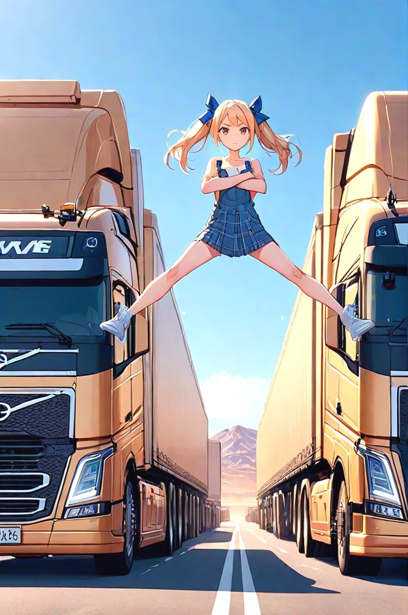 source_anime, score_9, score_8_up, score_7_up, score_6_up, score_5_up, score_4_up, wide shot, big truck, golden truck, epic split, crossed arms, spread legs, outstretched leg, sky, wind, volvo, desert road, center line, distant sierra, vanishing point, headlight, closed mouth, blonde hair, twintails, hair bow, naked overalls, plaid skirt, sneakers, solo, 1girl, looking at viewer, <lora:girllikeepicsplit_pony:1>