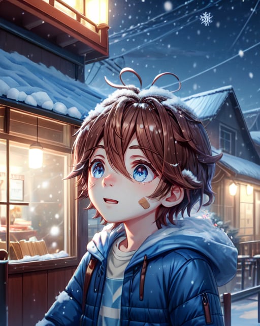 best quality, masterpiece, highres, detailed, digital artwork, <lora:Tools - add_detail:0.2>, SnowWonder,  <lora:Scene - SnowWonder:0.8>, excited, snowing, night, upper body, BREAK FNaFGregory, brown hair, messy hair, blue clothing, down jacket, bandage on face, <lora:Character - FNaFGregory:0.8>, male child, america, outside restaurant, 