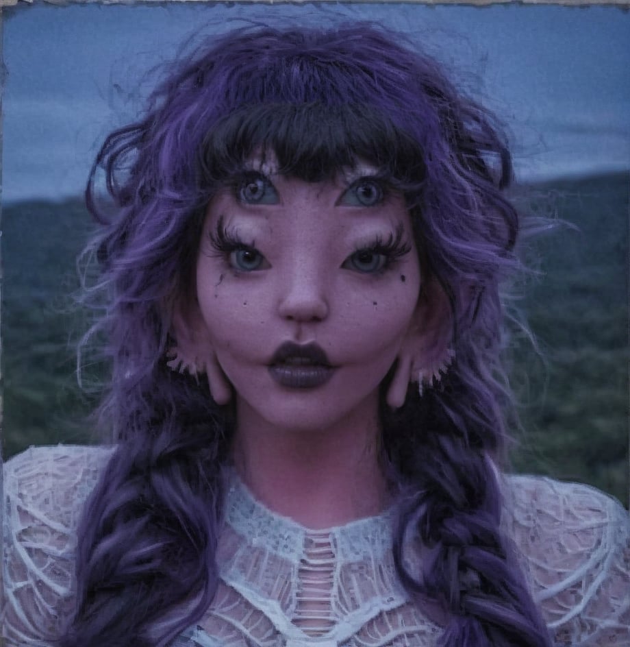 8 eyes, A hauntingly beautiful woman occupies the darkened frame, her face mere inches from the camera. Messy bangs and shaggy locks of purple hair with black streaks cascade down her neck, framing her features. A braided strand is woven through her tresses, adding to the overall sense of mystique. The subject’s eyes are a striking feature, with four distinct pupils resembling spider eyes. Her gaze is intense, almost hypnotic. Spider-inspired makeup adorns her lids, complementing the white headband that appears as a delicate spiderweb. A ruffled collar in the same web-like pattern adds an air of whimsy to this enigmatic portrait.<lora:EMS-333650-EMS:0.500000>, <lora:EMS-14483-EMS:-0.500000>, <lora:EMS-429686-EMS:1.000000>