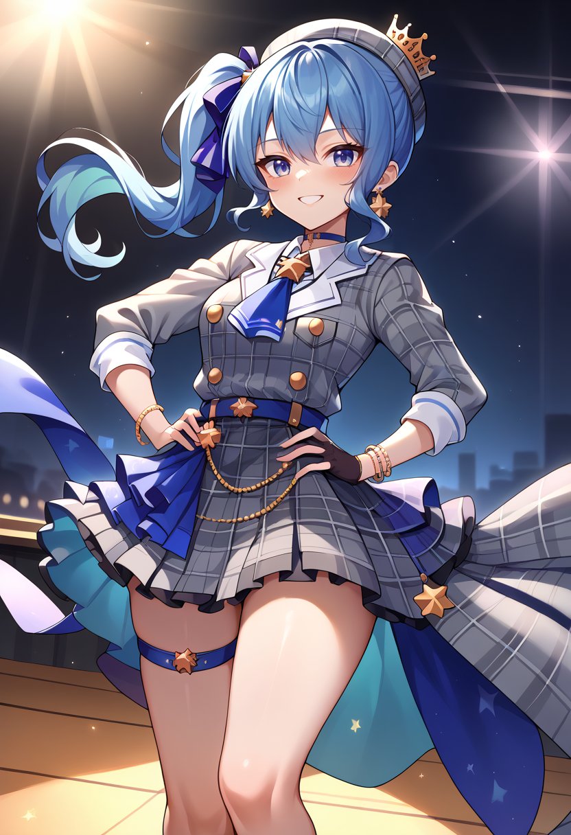 score_9, score_8_up, score_7_up, SuiseiBase, side ponytail, plaid beret, crown, blue star choker, star earrings, blue ascot, grey plaid jacket, grey plaid skirt, layered skirt, partially fingerless gloves, star bracelet, uneven legwear, thigh strap, on stage, spotlights, hands on hips, smile, :d, blush, <lora:HoshimachiSuiseiPDXL:1>