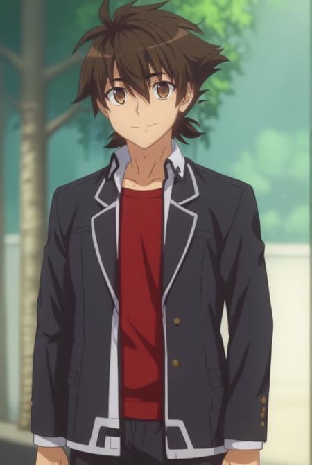 score_9, score_8_up, score_7_up, source_anime, solo, looking at viewer, cowboy shot, 1boy, <lora:HDxDHeroPdxlDwnsty-000004:1>, Issei Hyoudou, brown eyes, brown hair, spiked hair, school uniform, red shirt, black jacket, collar,smile, school yard, outdoors, sunlight, tree,