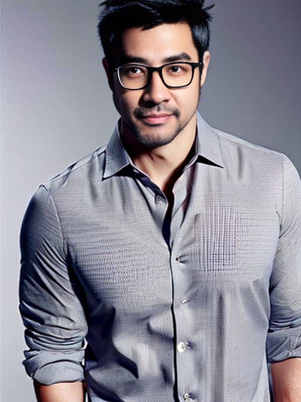 1boy,beard,black hair,open shirt,closed mouth,CNShuaiMale,facial hair,formal,full body,glasses,grey background,looking at viewer,male focus,muscular,realistic,shirt,short hair,solo,stubble,CNMaleCute,<lora:SD1.5_CNMaleCute.1.0:0.7>,