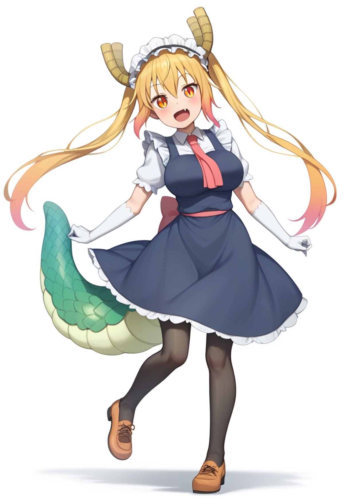 score_9,score_8_up,score_7_up, <lora:tohru_(maidragon)_pony:1>，highres, fang, tohru_\(maidragon\), tareme, elbow_gloves, 1girl, simple_background, looking_at_viewer, solo, short_sleeves, full_body, white_gloves, commentary_request, standing_on_one_leg, open_mouth, large_breasts, smile, scales, white_background, maid_headdress, pantyhose