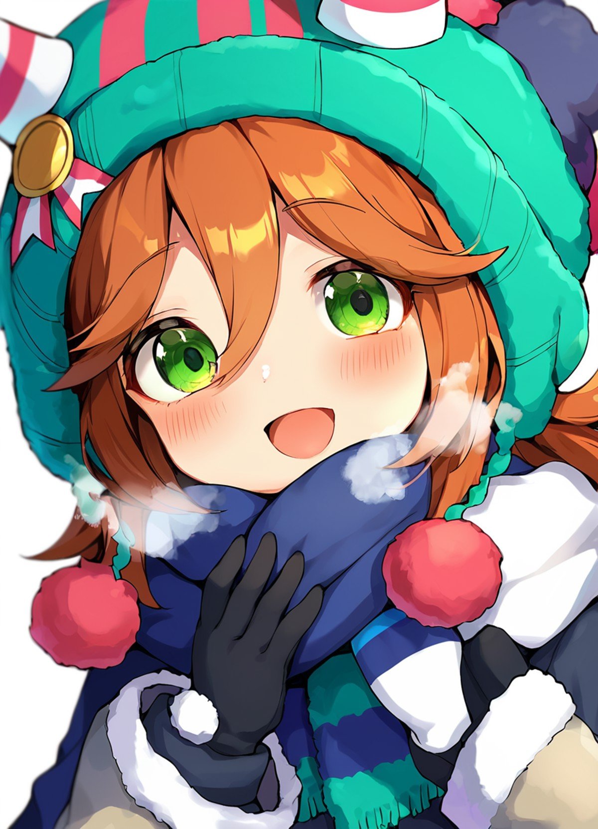 score_9, score_8_up, score_7_up, score_6_up, score_5_up, source_anime, rating_sfw, 1girl, samson big \(umamusume\), beanie, portrait, alternate costume, white background, looking at viewer, smile, mittens, blush, scarf, heavy breathing, open mouth, hat, winter clothes, pom pom \(clothes\), solo.best quality,masterpiece<lora:UmaDiffusionXL_UAF-pony:1.0>