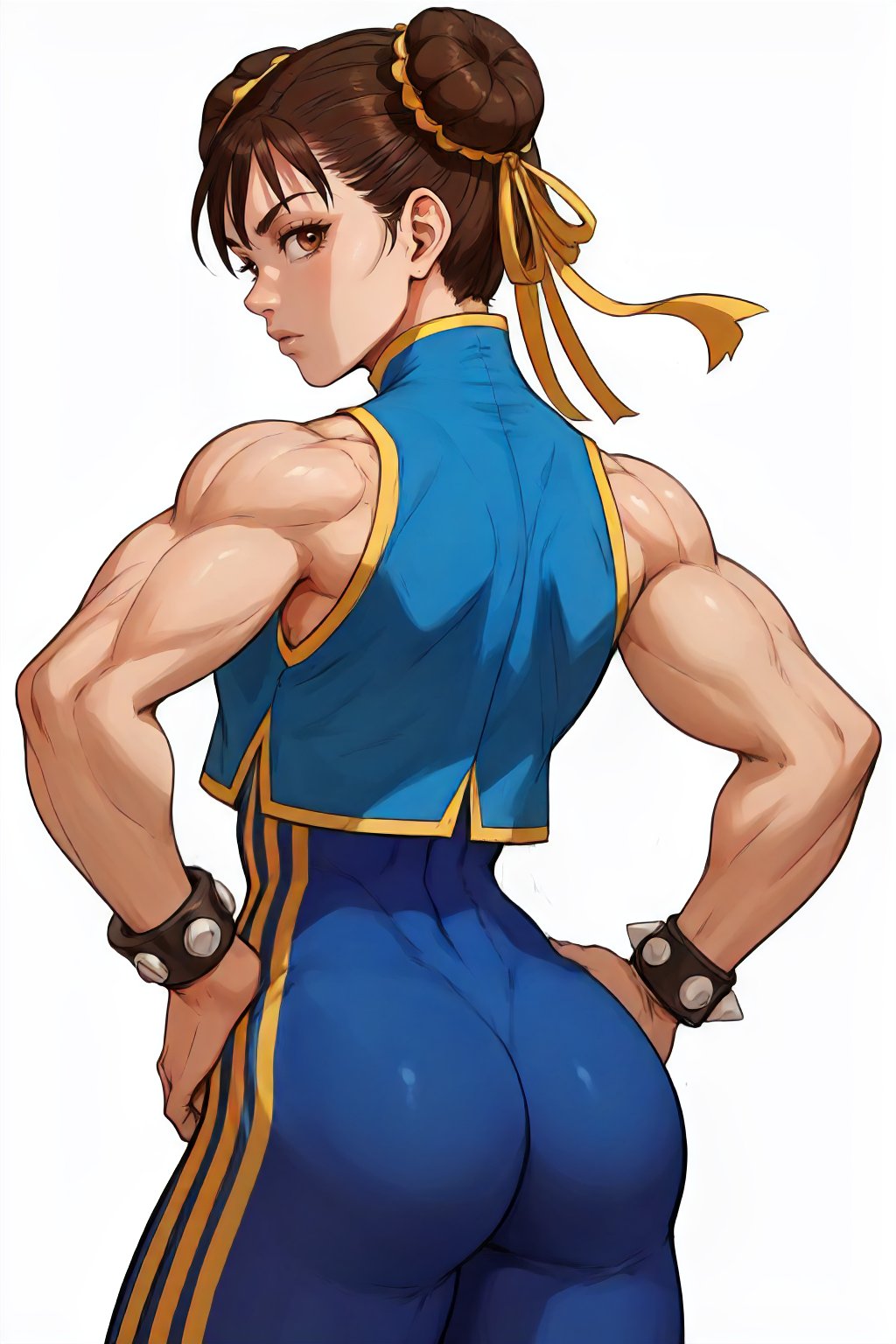 <lora:Alpha_Chunners-DEF:0.7> alphachun, solo, brown eyes, muscular female, back to viewer, hands on hip, bodysuit, side stripes, vest, bracelets, double bun, ribbons, cowboy shot, white background, perfect, sharp, masterpiece, detailed, high resolution, best quality,