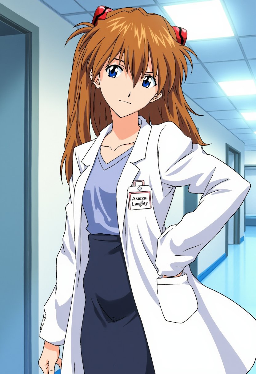 ppasuka, in doctor's lab coat, shirt and pencil skirt. She looks serious and professional.  Inside a modern hospital, she looks at the camera and shows a beautiful smile.  A nametag on her lab coat that writes "Asuka Langley".<lora:asuka_1_2_flux-000005:1>, anime style, anime screenshot. Do not draw with flat color or hand draw style. 