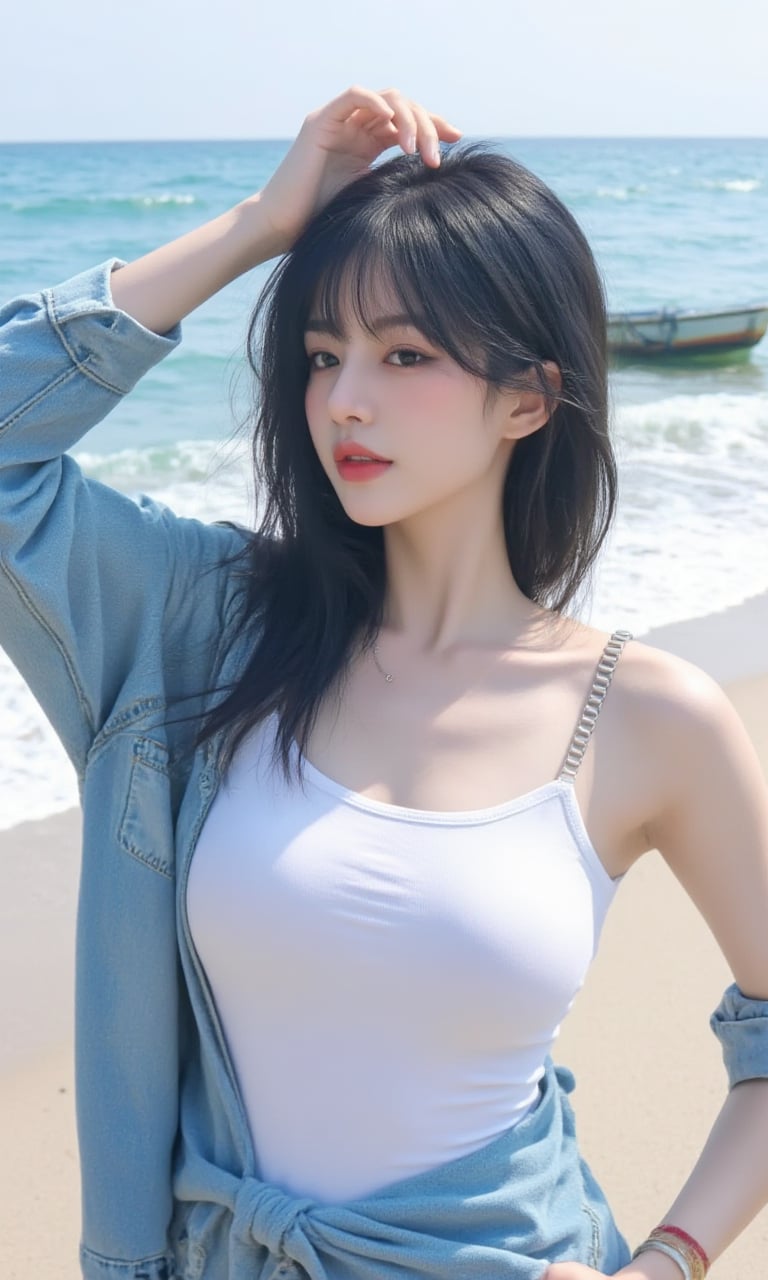 This is a real high-definition photo,This is a high-resolution, casual half-body portrait photo. The subject of the photo is a young woman wearing a white tank top and a denim jacket, with the sleeves of the jacket rolled up. She has black hair that falls over her shoulders. Her right hand is raised, shielding it from the sun, as if she is enjoying the seaside view. The background shows a beach and the ocean, with waves crashing against the shore and a small boat moored on the beach.<lora:网图-MYH-2:1>