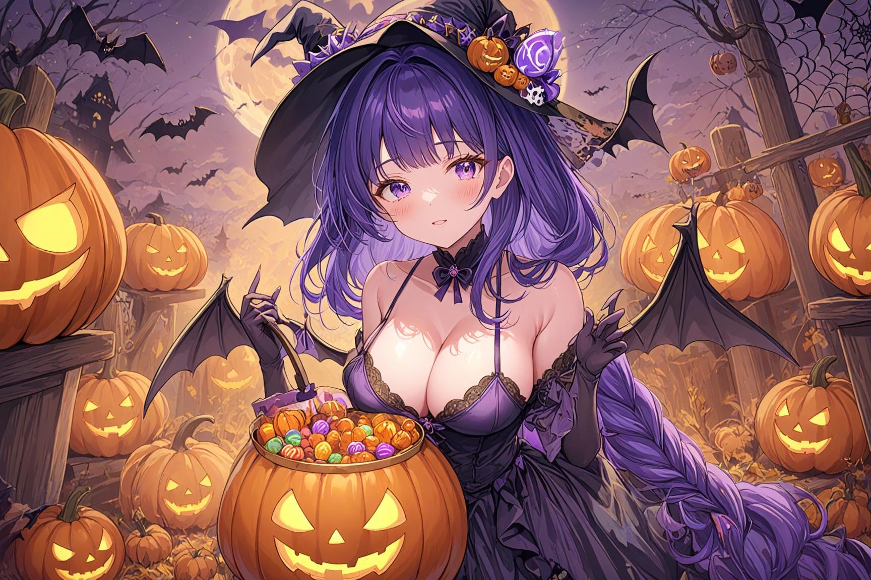 ultra-detailed,(best quality),((masterpiece)),(highres),original,extremely detailed 8K wallpaper,(an extremely delicate and beautiful),anime,1girl,raiden shogun,purple hair,solo,looking at viewer,full body,jack-o'-lantern,pumpkin,halloween,witch_hat,bat,halloween_bucket,halloween_costume,pumpkin_hat,pumpkin_hair_ornament,wings,bat_wings,candy,ghost,happy_halloween,breasts,trick_or_treat,gloves,cleavage,bat_hair_ornament,spider_web,claw_pos,BREAK <lora:XL 超级雷神_1.0:0.7>,