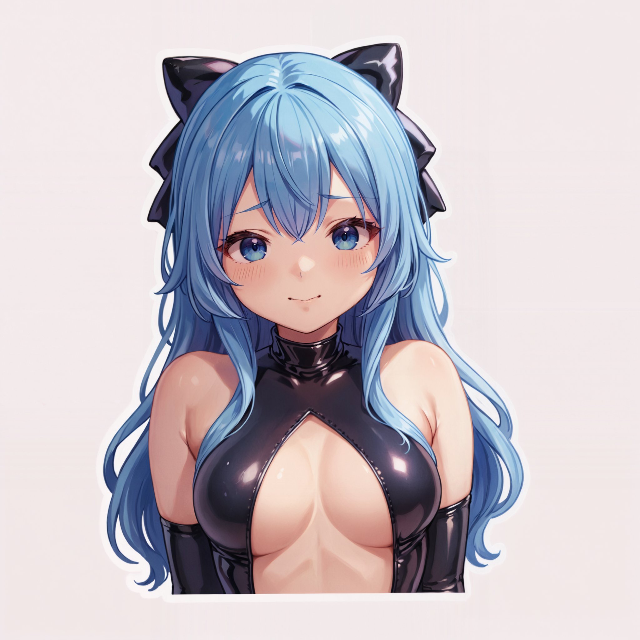 1girl, solo, masterpiece, best quality, cropped torso, sgliselotte, blue hair, blue eyes, hair bow, naughty face, closed mouth, black latex princess, bare shoulders, stomach cutout, elbow gloves,<lora:latex-princess-anixl-005:1.0>   <lora:EnvyKawaiiStickerXL01:1.1> <lora:liselotte-animaginexl-1:0.6> 