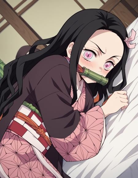 score_9, score_8_up, score_7_up, source_anime,nezukokamado, <lora:nezuko-kamado-anime-ponyxl-lora-nochekaiser:1>,nezuko kamado, black hair, forehead, hair ribbon, long hair, multicolored hair, pink eyes, orange hair, slit pupils, wavy hair, two-tone hair,bamboo, bit gag, gag, gagged, asa no ha \(pattern\), checkered sash, haori, japanese clothes, kimono, long sleeves, obi, pink kimono, sash, wariza, wide sleeves,indoors, bed, bed room, on side, blush, drunk,solo, dutch angle, looking at viewer, cowboy shot,