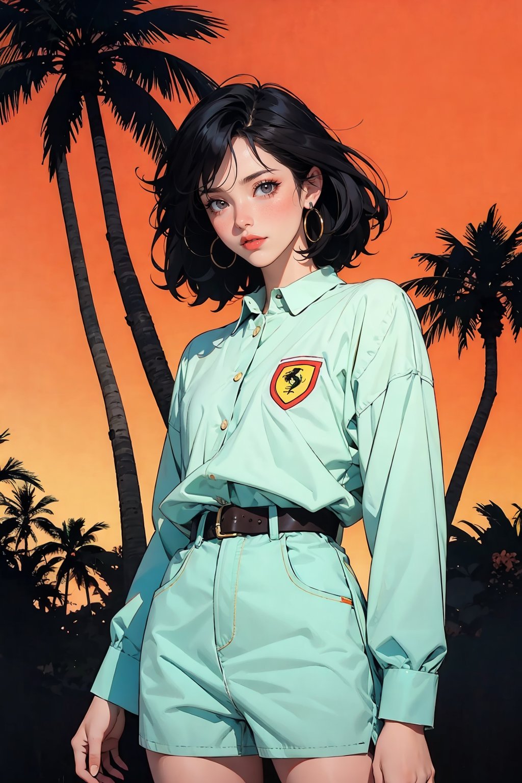 retro girl, Miami, sunset, Ferrari, palm tree, 90's, (flat colors, flat texture, lineart:1.2), graphical design, (heavy ink, ink blacks), 