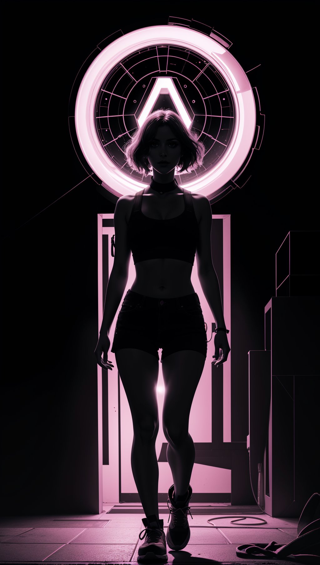 (silhouette:1.25),woman,dark background,blacklight,mid shot,full body,somber expression,looking down,dark energy,vibrant magenta,portal to another world,flat color,flat shading,ultra realistic,highres,superb,8k wallpaper,extremely detailed,intricate,limited palette,pink,