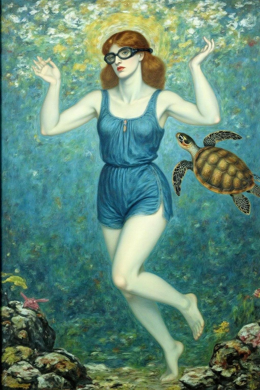 dgr painting of a woman swimming underwater. The woman is wearing a blue one piece swimsuit,  and she is wearing goggles o...