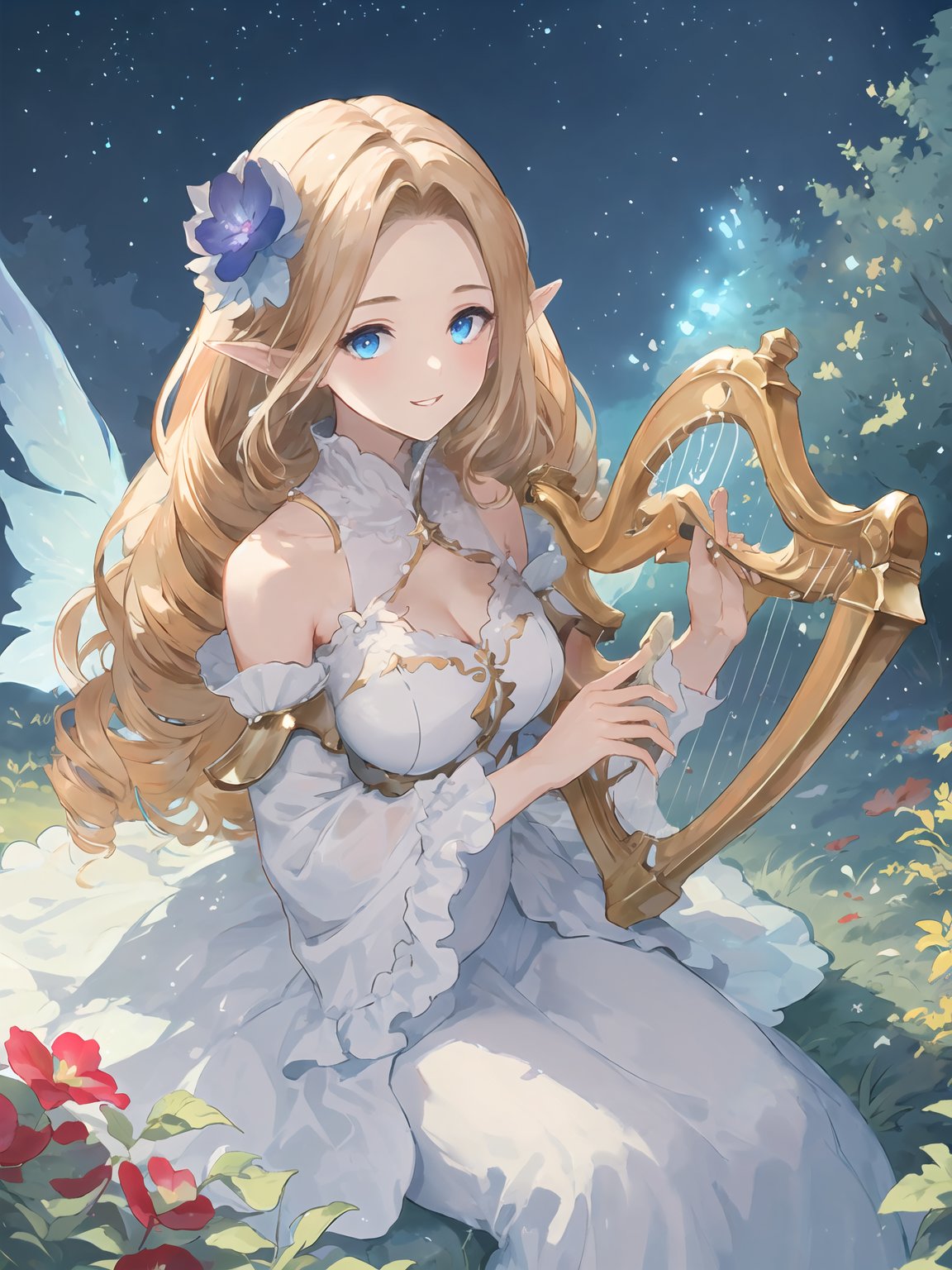 masterpiece,best quality,highres,cinematic lighting,dramatic angle,1girl,blonde hair,drill hair, white dress,parted bangs,cleavage,looking at viewer,pointy ears,blue eyes,bare shoulders,wings,frills,parted lips,petal,grass,smile,<lora:ShadowverseBrilliantFairyV1-000021:0.8:lbw=1,0.1,0.1,0.1,0.8,0.8,0.1,0.1,0.1,1,1,1,1,1,1,1,1>,detached collar,hair flower,depth of field,detached sleeves,straight-on,head tilt,close-up,night,dark sky,(holding harp,playing instrument,playing harb,floating glowing musical note:1.3),sitting on chair,woods,starry sky,from below